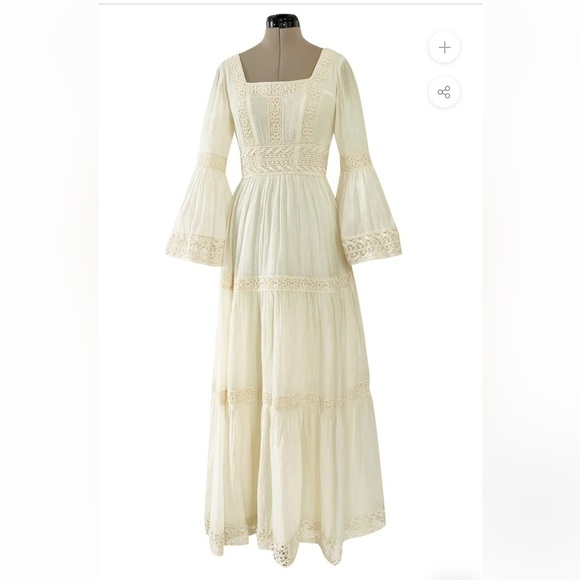 Victor Costa Mexican Wedding Dress Ivory Cotton Gauze & Lace Dress Romantic 1970 - Picture 4 of 16